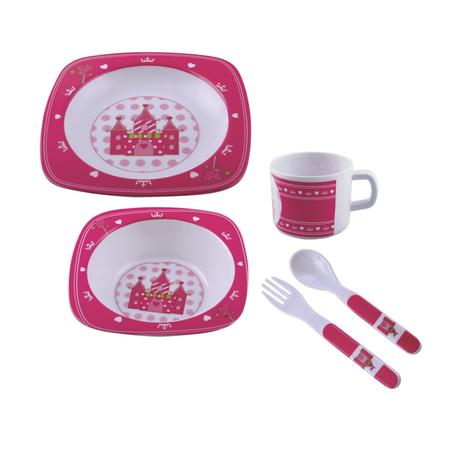 Kit Refeição Infantil 5 Peças Rosa Castelo Melamina - Yazi Menor preço em Kit Refeição Infantil 5 Peças Rosa Castelo Melamina - Yazi