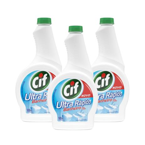 Kit Refil Cif Ultra Rapido Banheiro Sem Cloro 500Ml com 3 Unidades Menor preço em Kit Refil Cif Ultra Rapido Banheiro Sem Cloro 500Ml com 3 Unidades