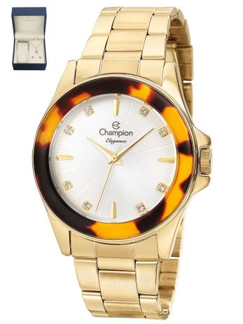 Kit Relógio Champion Dourado Feminino CN27456W + Brincos e Colar Menor preço em Kit Relógio Champion Dourado Feminino CN27456W + Brincos e Colar