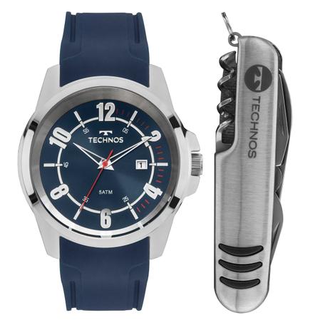 Kit Relógio Masculino Technos Prata Silicone Azul Com Canivete 2115MMX/8A Menor preço em Kit Relógio Masculino Technos Prata Silicone Azul Com Canivete 2115MMX/8A
