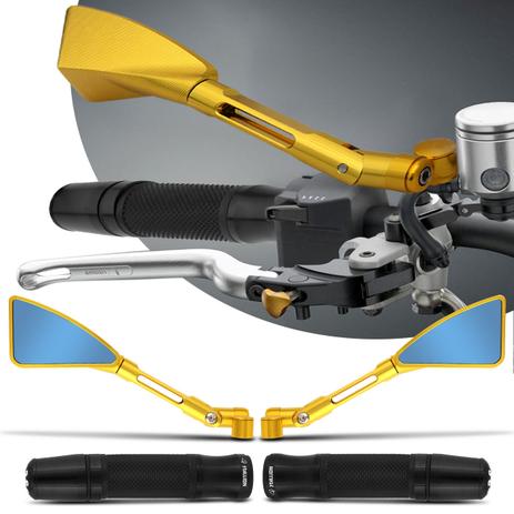 Kit Retrovisor Manopla Moto Esportivo Similar Rizoma Universal Com Peso De Guidão Dourado E Preto - St Menor preço em Kit Retrovisor Manopla Moto Esportivo Similar Rizoma Universal Com Peso De Guidão Dourado E Preto - St