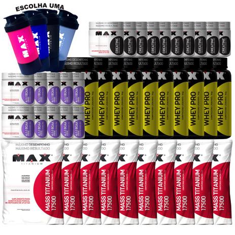 Kit Revenda 10x Whey + 10x Mass + 10x Bcaa + 10x Creatina - Max titanium Menor preço em Kit Revenda 10x Whey + 10x Mass + 10x Bcaa + 10x Creatina - Max titanium