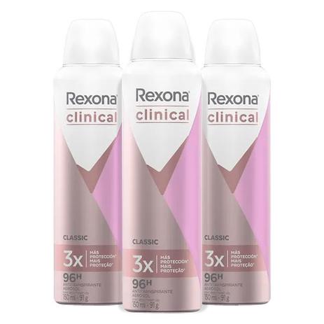 Kit Rexona Desodorante Feminino Clinical Classic Aerosol 150ml 3 Unidades Menor preço em Kit Rexona Desodorante Feminino Clinical Classic Aerosol 150ml 3 Unidades