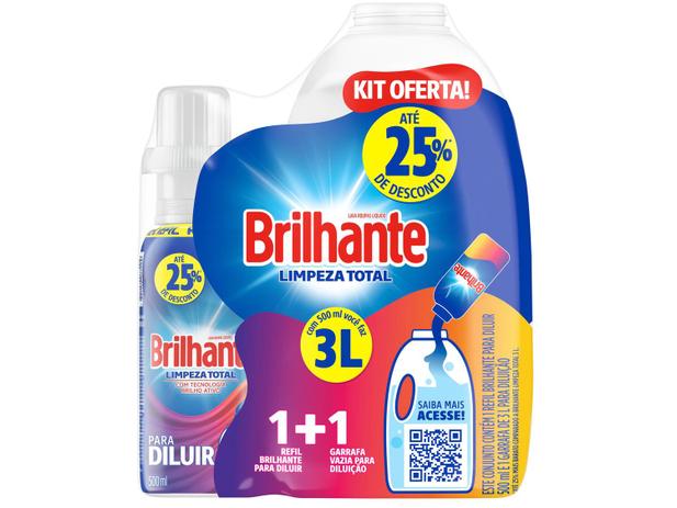 Kit Sabão Líquido Concentrado com Garrafa - Brilhante Limpeza Total 500ml Menor preço em Kit Sabão Líquido Concentrado com Garrafa - Brilhante Limpeza Total 500ml