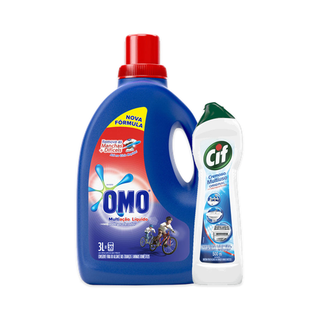 Kit Sabao Liquido Omo Multiacao Poder Acelerador 3l + Cif Cremoso Limpeza Profunda Branco 450ml Menor preço em Kit Sabao Liquido Omo Multiacao Poder Acelerador 3l + Cif Cremoso Limpeza Profunda Branco 450ml