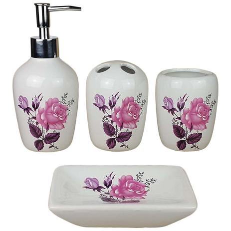 Kit saboneteira Liquida Cerâmica Flor 4 Peças - Susan Menor preço em Kit saboneteira Liquida Cerâmica Flor 4 Peças - Susan