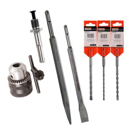 Kit SDS Plus Broca Talhadeira Ponteira Martelete Mandril 8pç - Starfer Menor preço em Kit SDS Plus Broca Talhadeira Ponteira Martelete Mandril 8pç - Starfer