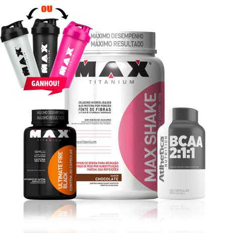 Kit Seca Barriga Max Shake + Bcaa + Ultimate Fire Black - Max titanium Menor preço em Kit Seca Barriga Max Shake + Bcaa + Ultimate Fire Black - Max titanium