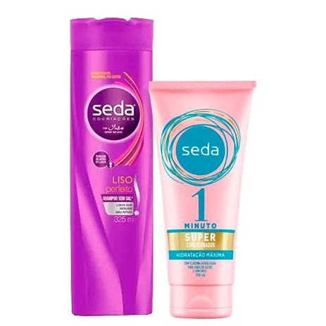 Kit Seda Shampoo Liso Perfeito 325ml + Super Condicionador 1 Minuto Hidratação Máxima 170ml Menor preço em Kit Seda Shampoo Liso Perfeito 325ml + Super Condicionador 1 Minuto Hidratação Máxima 170ml