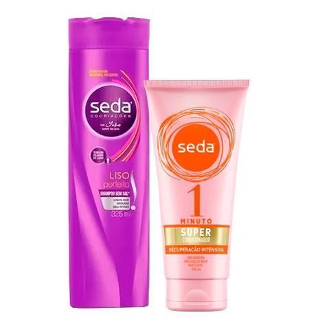 Kit Seda Shampoo Liso Perfeito 325ml + Super Condicionador 1 Minuto Recuperação Intensa 170ml Menor preço em Kit Seda Shampoo Liso Perfeito 325ml + Super Condicionador 1 Minuto Recuperação Intensa 170ml