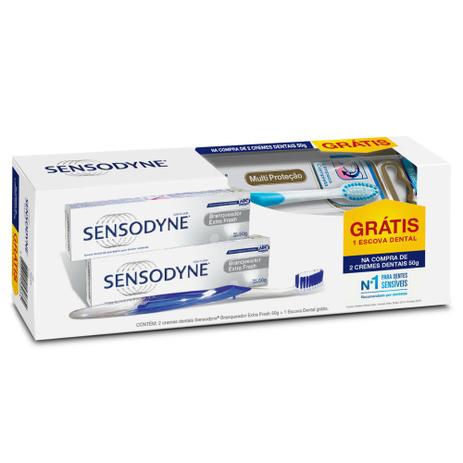 Kit Sensodyne Creme Dental Branqueador Extra Fresh 50g 2 Unidades Grátis Escova Dental Multi Proteção Menor preço em Kit Sensodyne Creme Dental Branqueador Extra Fresh 50g 2 Unidades Grátis Escova Dental Multi Proteção