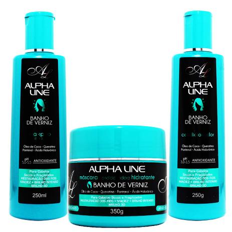 Kit Shampoo Condicionador Máscara Banho de Verniz - Alpha Line Menor preço em Kit Shampoo Condicionador Máscara Banho de Verniz - Alpha Line