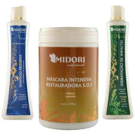 Kit Shampoo Progress + Hidratação de Impacto + Máscara SOS 1Kg - Midori Profissional Menor preço em Kit Shampoo Progress + Hidratação de Impacto + Máscara SOS 1Kg - Midori Profissional