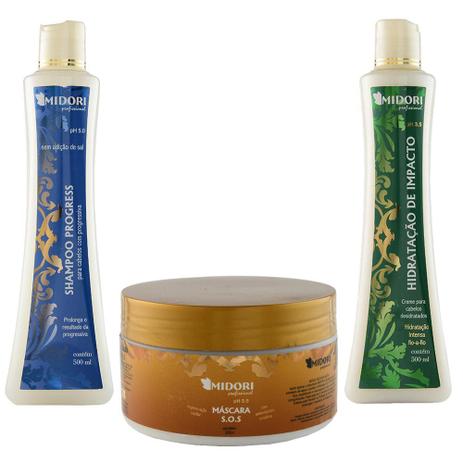 Kit Shampoo Progress + Hidratação de Impacto + Máscara SOS 250g - Midori Profissional Menor preço em Kit Shampoo Progress + Hidratação de Impacto + Máscara SOS 250g - Midori Profissional