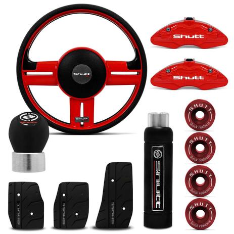 Kit Shutt Volante Rallye Anilhas e Capas Pinças Vermelhas + Pedaleiras Manoplas Câmbio Freio Pretos Menor preço em Kit Shutt Volante Rallye Anilhas e Capas Pinças Vermelhas + Pedaleiras Manoplas Câmbio Freio Pretos