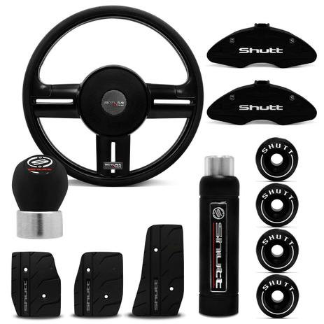 Kit Shutt Volante Rallye Pedaleiras Capas Pinças Anilhas Manoplas Câmbio e Freio de Mão Pretos Menor preço em Kit Shutt Volante Rallye Pedaleiras Capas Pinças Anilhas Manoplas Câmbio e Freio de Mão Pretos