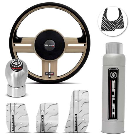 Kit Shutt Volante Rallye Slim RS Bege + Pedaleiras Manoplas Freio Prata Escovado Câmbio Cromado Menor preço em Kit Shutt Volante Rallye Slim RS Bege + Pedaleiras Manoplas Freio Prata Escovado Câmbio Cromado