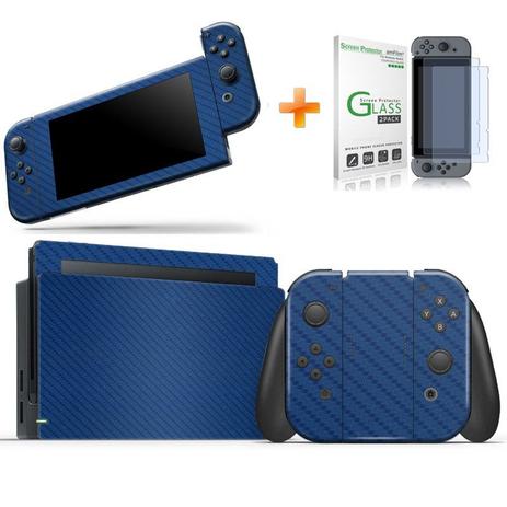 Kit Skin Adesivo Protetor 4D Fibra de Carbono Nintendo Switch + Película de Vidro (Azul) - Bd cases Menor preço em Kit Skin Adesivo Protetor 4D Fibra de Carbono Nintendo Switch + Película de Vidro (Azul) - Bd cases