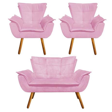 Kit Sofá Retrô e 02 Poltronas Opala Suede Rosa Bebê - DRossi é boa?