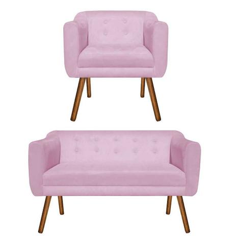 Kit Sofá Retrô Namoradeira 02 Lugares e Poltrona Decorativa Julia Suede Rosa Bebê - DRossi Menor preço em Kit Sofá Retrô Namoradeira 02 Lugares e Poltrona Decorativa Julia Suede Rosa Bebê - DRossi