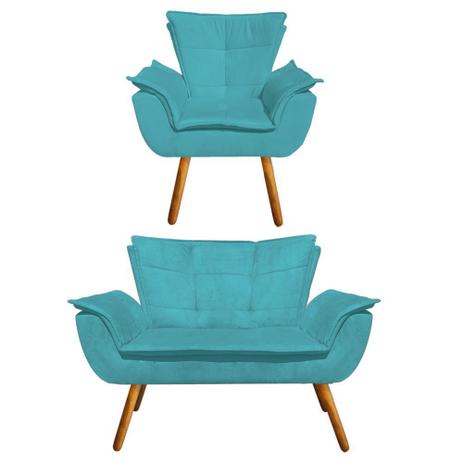 Kit Sofá Retrô Namoradeira e 01 Poltrona Opala Suede Azul Tiffany - DRossi Menor preço em Kit Sofá Retrô Namoradeira e 01 Poltrona Opala Suede Azul Tiffany - DRossi