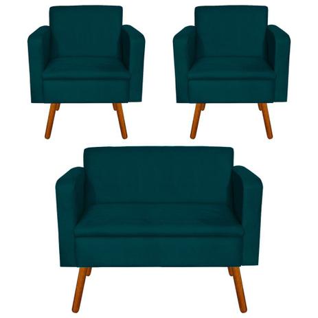 Kit Sofá Retrô Namoradeira e 02 Poltronas Emília Suede Azul Pavão Pés Palito - D'Rossi Menor preço em Kit Sofá Retrô Namoradeira e 02 Poltronas Emília Suede Azul Pavão Pés Palito - D'Rossi