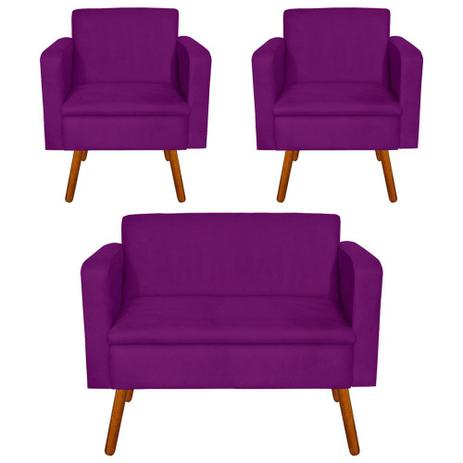 Kit Sofá Retrô Namoradeira e 02 Poltronas Emília Suede Roxo Pés Palito - D'Rossi é boa?