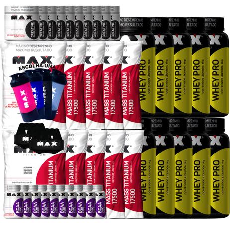 KIt Super Atacado Whey Pro + Hipercalórico + Creatina - Max - Max titanium Menor preço em KIt Super Atacado Whey Pro + Hipercalórico + Creatina - Max - Max titanium
