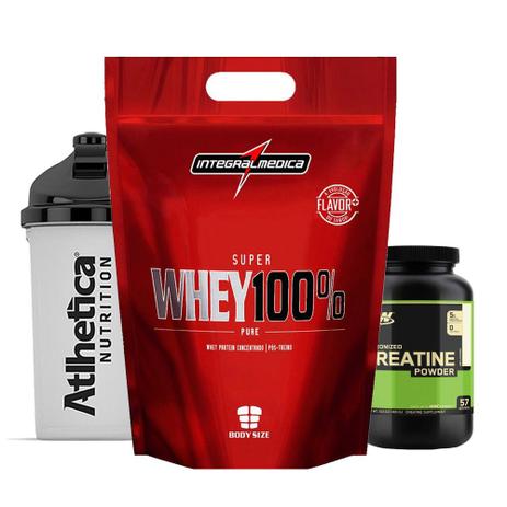 Kit Super Whey 100 Baunilha + Creatina Optimun + Bottle - K-fit Menor preço em Kit Super Whey 100 Baunilha + Creatina Optimun + Bottle - K-fit