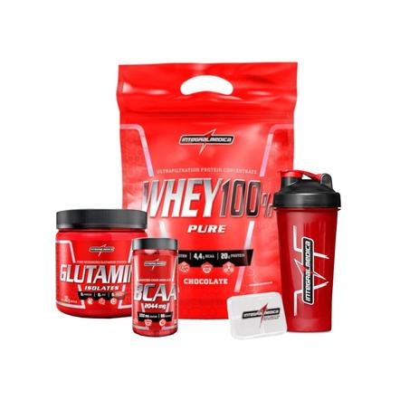 Kit Super Whey 100 Chocolate 907g + Bcaa + Glutamina + Coqueteleira + Porta Caps Integralmédica - Integralmedica Menor preço em Kit Super Whey 100 Chocolate 907g + Bcaa + Glutamina + Coqueteleira + Porta Caps Integralmédica - Integralmedica