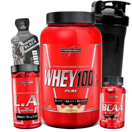 Kit Super Whey 100 Concentrado + Bcaa + Oleo de Cartamo LA 9000 - Integralmedica Menor preço em Kit Super Whey 100 Concentrado + Bcaa + Oleo de Cartamo LA 9000 - Integralmedica