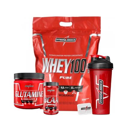 Kit Super Whey 100 Morango 1,8Kg + Bcaa + Glutamina + Coqueteleira + Porta Caps Integralmédica - Integralmedica Menor preço em Kit Super Whey 100 Morango 1,8Kg + Bcaa + Glutamina + Coqueteleira + Porta Caps Integralmédica - Integralmedica