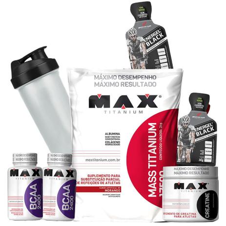 kit suplementos ganho peso massa e força - hiper calorico 3k + 2x bcaa 2400 60 caps + creatina 100g - Max titanium Menor preço em kit suplementos ganho peso massa e força - hiper calorico 3k + 2x bcaa 2400 60 caps + creatina 100g - Max titanium