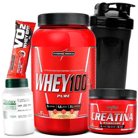 Kit Suplementos Hipertrofia Muscular - Super Whey Protein + Dilatex Extra Pump + Creatina Hardcore - Integralmedica Menor preço em Kit Suplementos Hipertrofia Muscular - Super Whey Protein + Dilatex Extra Pump + Creatina Hardcore - Integralmedica