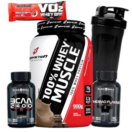 Kit Suplementos Massa Magra - Whey Protein Concentrado + Bcaa + Termogenico Black Skull + Shaker - Body action Menor preço em Kit Suplementos Massa Magra - Whey Protein Concentrado + Bcaa + Termogenico Black Skull + Shaker - Body action