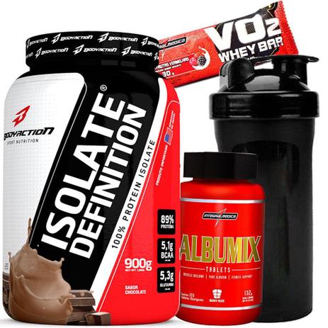 Kit Suplementos - Massa Magra - Whey Protein Isolado Isolate Definition 900g + Albumix Albumina Pura - Body action Menor preço em Kit Suplementos - Massa Magra - Whey Protein Isolado Isolate Definition 900g + Albumix Albumina Pura - Body action