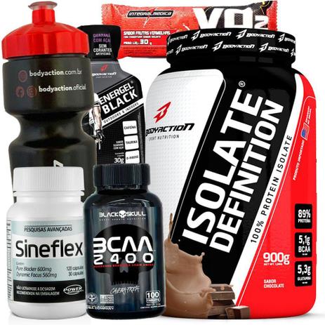 Kit Suplementos Massa Magra - Whey Protein Isolado + Termogenico Sineflex + Bcaa 2400 + Squeeze - Body action Menor preço em Kit Suplementos Massa Magra - Whey Protein Isolado + Termogenico Sineflex + Bcaa 2400 + Squeeze - Body action