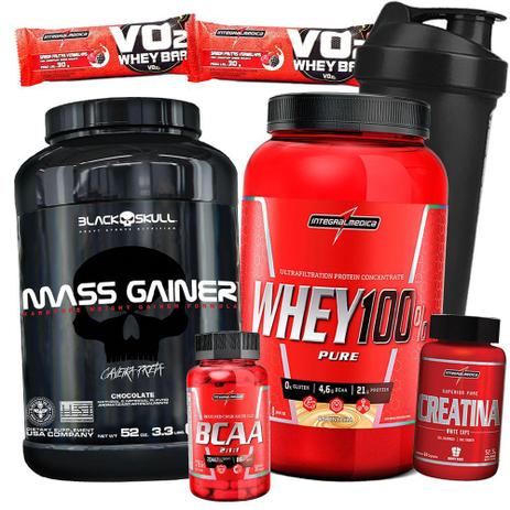 Kit Suplementos Massa Magra - Whey Wey Protein Puro + Mass Gainer 1.5kg + Bcaa + Creatina White Caps - Integralmedica Menor preço em Kit Suplementos Massa Magra - Whey Wey Protein Puro + Mass Gainer 1.5kg + Bcaa + Creatina White Caps - Integralmedica