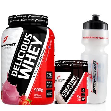 Kit Suplementos Massa Muscular - Delicious Whey Protein 900g + Creatina 70g + Squeeze - BodyAction - Body action Menor preço em Kit Suplementos Massa Muscular - Delicious Whey Protein 900g + Creatina 70g + Squeeze - BodyAction - Body action