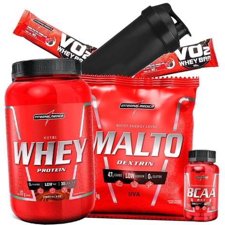 Kit Suplementos Nutri Whey Wey Protein 900g + Maltodextrin + Bcaa Top 90 capsulas + Coqueteleira - Integralmedica Menor preço em Kit Suplementos Nutri Whey Wey Protein 900g + Maltodextrin + Bcaa Top 90 capsulas + Coqueteleira - Integralmedica