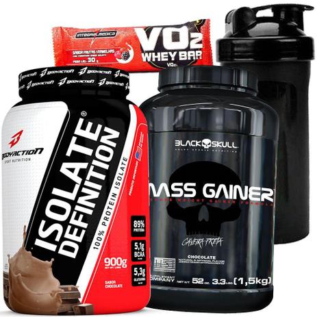Kit Suplementos Pra Ganhar Massa Muscular - Whey Protein Isolado 900g + Hipercalorico Black Skull - Body action Menor preço em Kit Suplementos Pra Ganhar Massa Muscular - Whey Protein Isolado 900g + Hipercalorico Black Skull - Body action