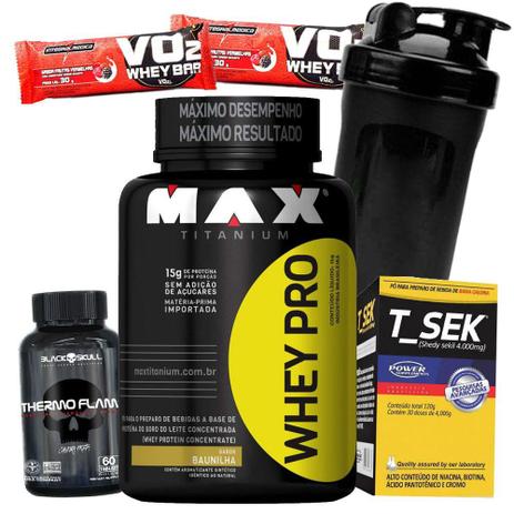 Kit Suplementos Queima Gordura - Whey Protein Pro 1kg + Termogenico Importado + Diurético T Sek - Max titanium Menor preço em Kit Suplementos Queima Gordura - Whey Protein Pro 1kg + Termogenico Importado + Diurético T Sek - Max titanium