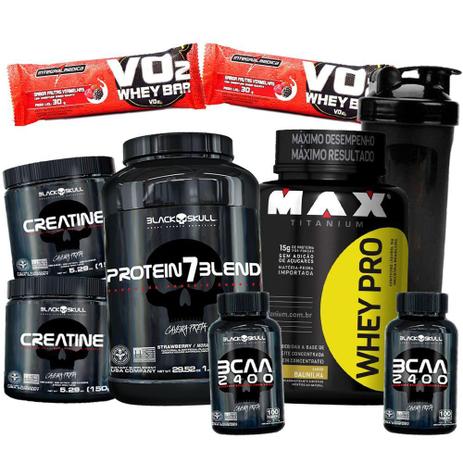 Kit Suplementos - Whey Protein 1kg + Whey 7Blend Isolado Concentrado + 2x Bcaa + 2x Creatina + Copo - Max titanium Menor preço em Kit Suplementos - Whey Protein 1kg + Whey 7Blend Isolado Concentrado + 2x Bcaa + 2x Creatina + Copo - Max titanium