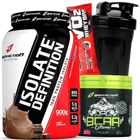 Kit Suplementos - Whey Protein Isolado Isolate Definition 900g + Bcaa Extreme Body Action + Shaker Menor preço em Kit Suplementos - Whey Protein Isolado Isolate Definition 900g + Bcaa Extreme Body Action + Shaker