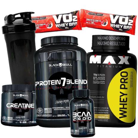 Kit Suplementos - Whey Protein Pro 1kg + Whey 7Blend Isolado Concentrado + Bcaa + Creatina + Shaker - Max titanium Menor preço em Kit Suplementos - Whey Protein Pro 1kg + Whey 7Blend Isolado Concentrado + Bcaa + Creatina + Shaker - Max titanium