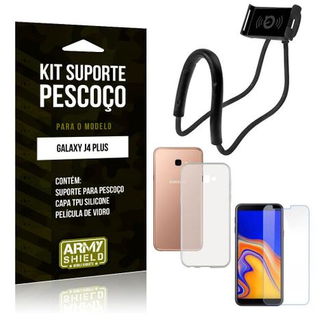 Menor preço em Kit Suporte Pescoço Samsung Galaxy J4 Plus Suporte + Capa + Película de Vidro - Armyshield