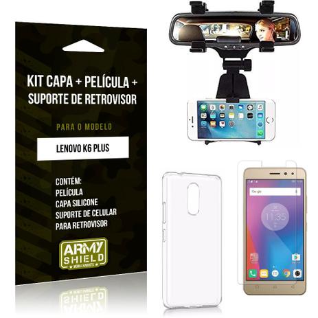 Kit Suporte Retrovisor Lenovo K6 Plus Suporte + Capa + Película de Vidro - Armyshield Menor preço em Kit Suporte Retrovisor Lenovo K6 Plus Suporte + Capa + Película de Vidro - Armyshield
