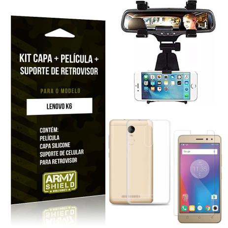 Kit Suporte Retrovisor Lenovo K6 Suporte + Capa + Película de Vidro - Armyshield Menor preço em Kit Suporte Retrovisor Lenovo K6 Suporte + Capa + Película de Vidro - Armyshield