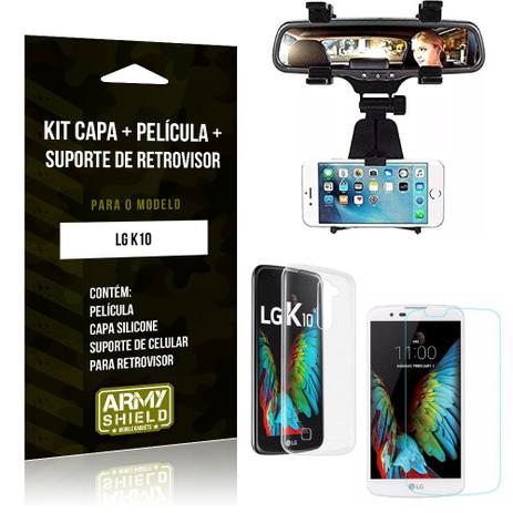 Kit Suporte Retrovisor LG K10 Suporte + Capa + Película de Vidro - Armyshield Menor preço em Kit Suporte Retrovisor LG K10 Suporte + Capa + Película de Vidro - Armyshield