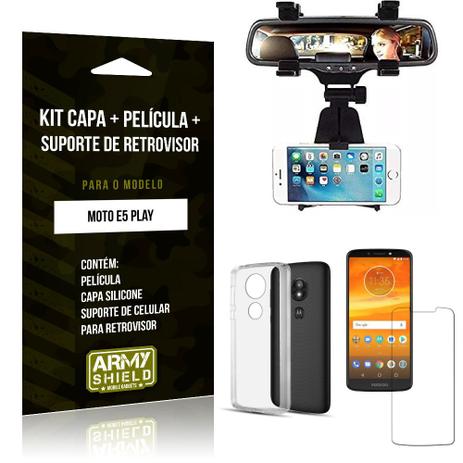 Kit Suporte Retrovisor Motorola Moto E5 Play Suporte + Capa + Película de Vidro - Armyshield Menor preço em Kit Suporte Retrovisor Motorola Moto E5 Play Suporte + Capa + Película de Vidro - Armyshield